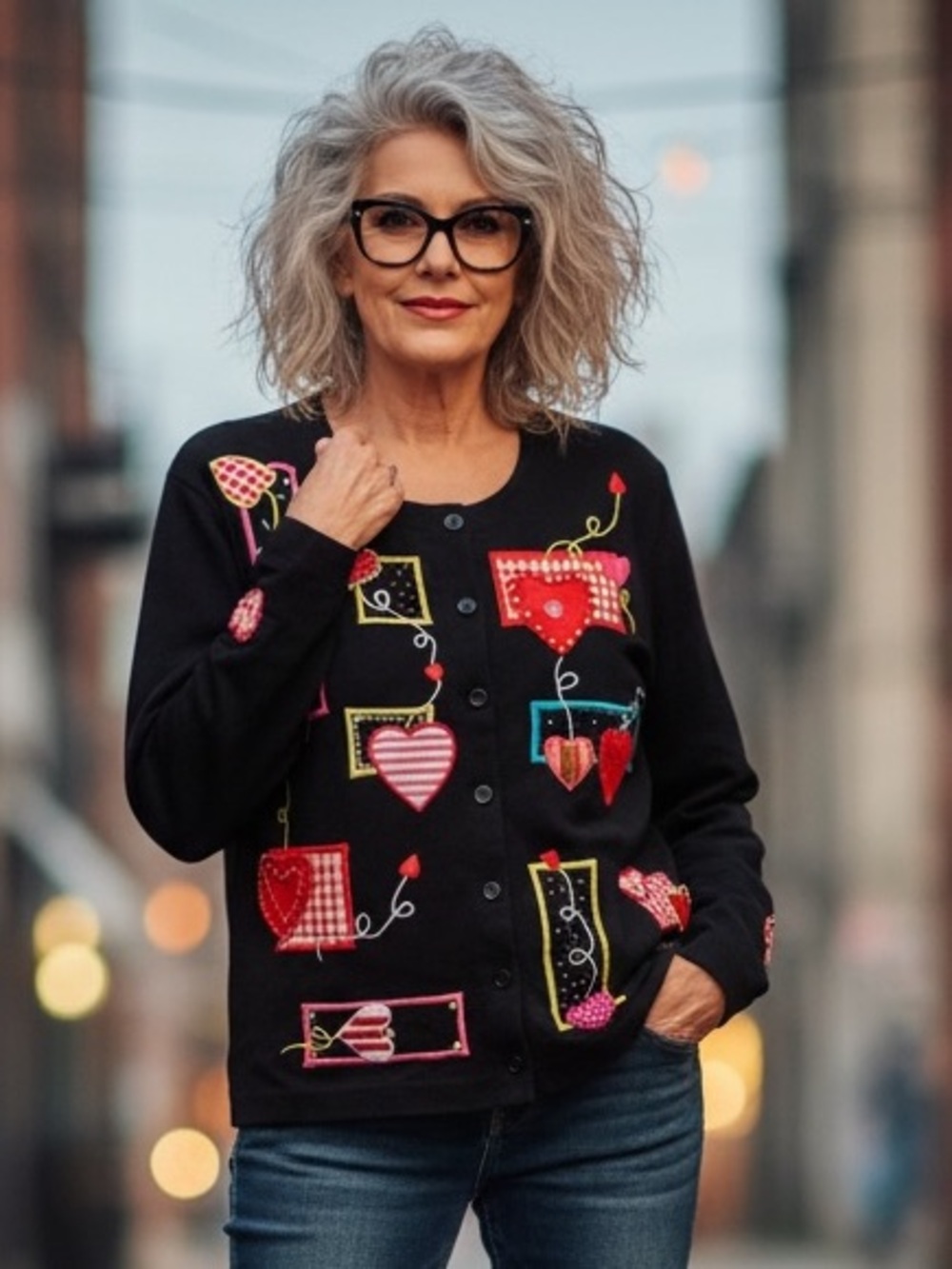 Jack B Quick Vintage Embroidered Embellished Black L Cardigan Hearts Valentines